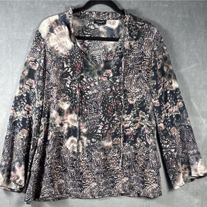 Tolani 100% Silk Tunic Blouse Bell Sleeve Black Multicolored‎ Ruffle Neck Sz MED